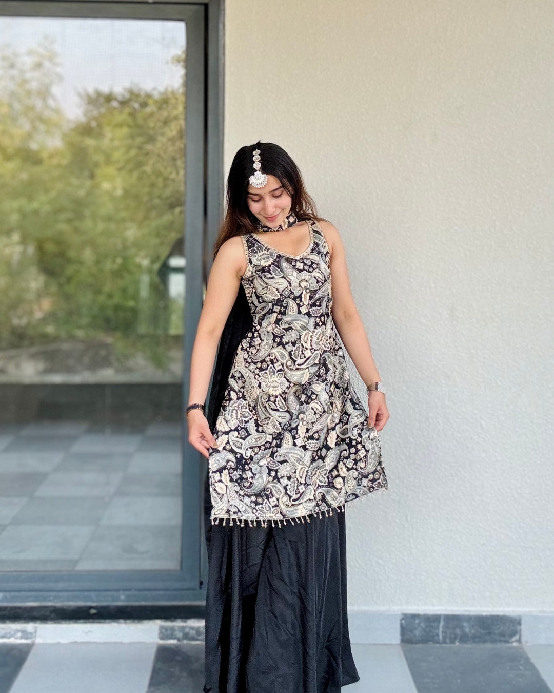 Monochrome Motif Print Sharara Set with Neck Detailing