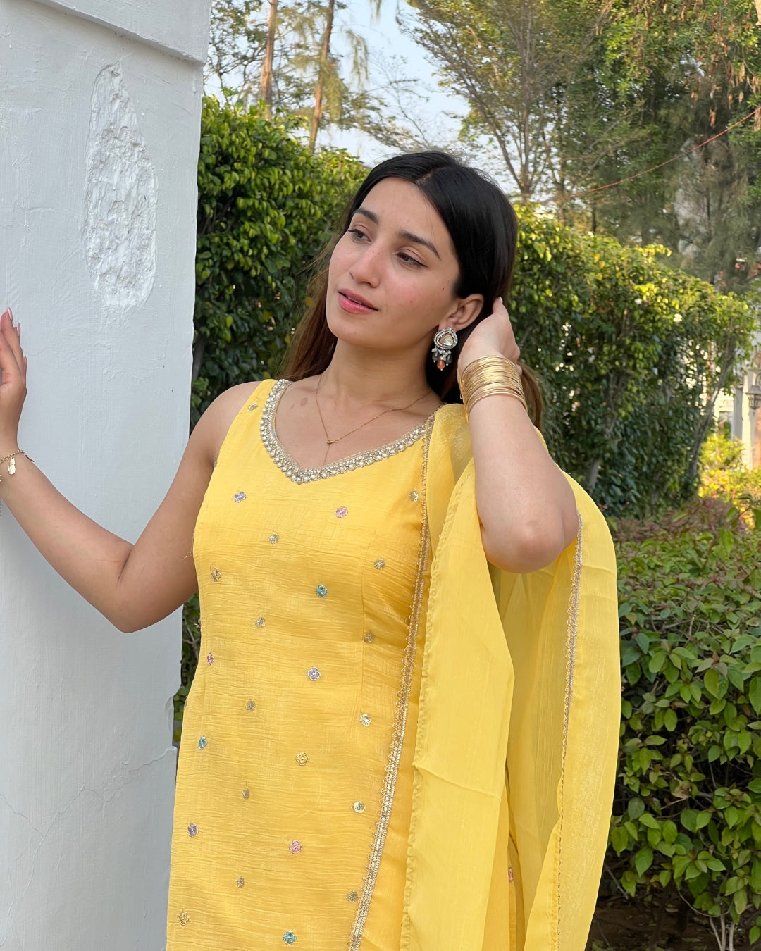 Luxurious Yellow Crunchy Silk Sharara Set with Back Dori & Tassels