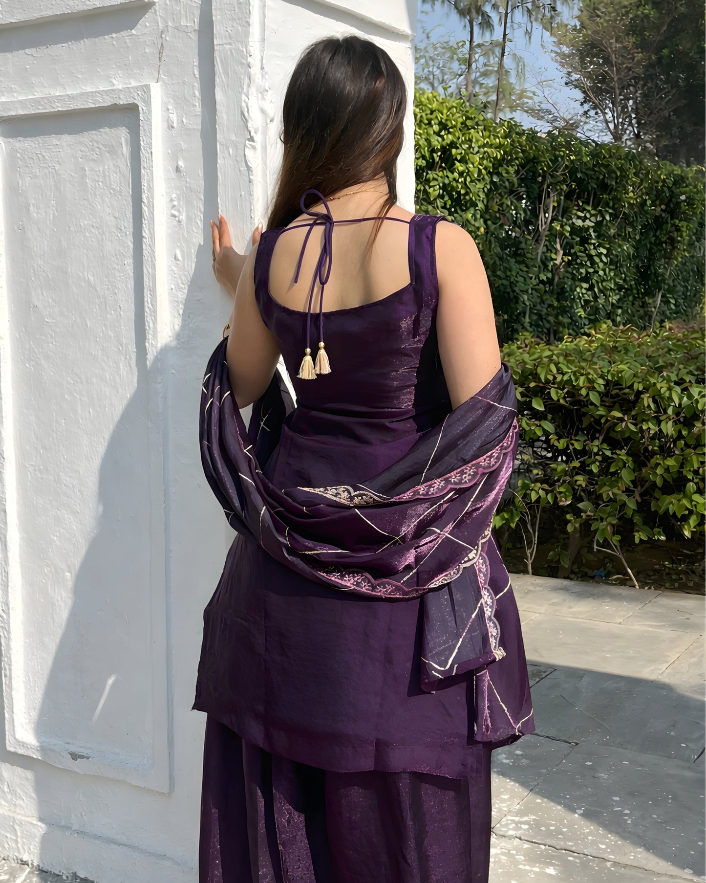 Royal Deep Purple Fendy Silk Sharara Set with with Attached Sleeves