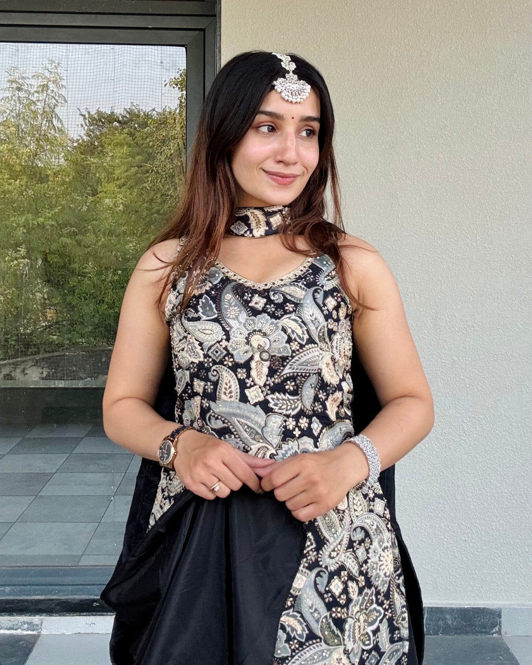 Monochrome Motif Print Sharara Set with Neck Detailing