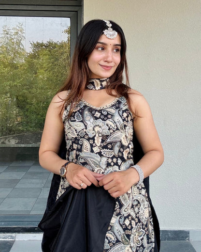 Monochrome Motif Print Sharara Set with Neck Detailing