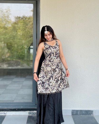 Monochrome Motif Print Sharara Set with Neck Detailing