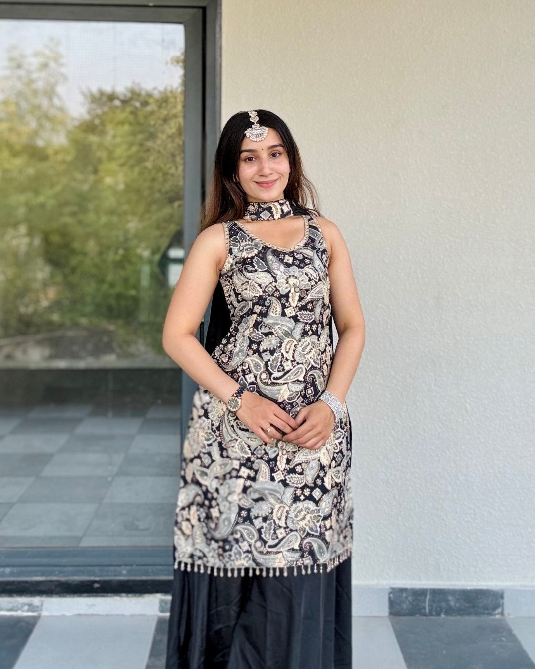 Monochrome Motif Print Sharara Set with Neck Detailing