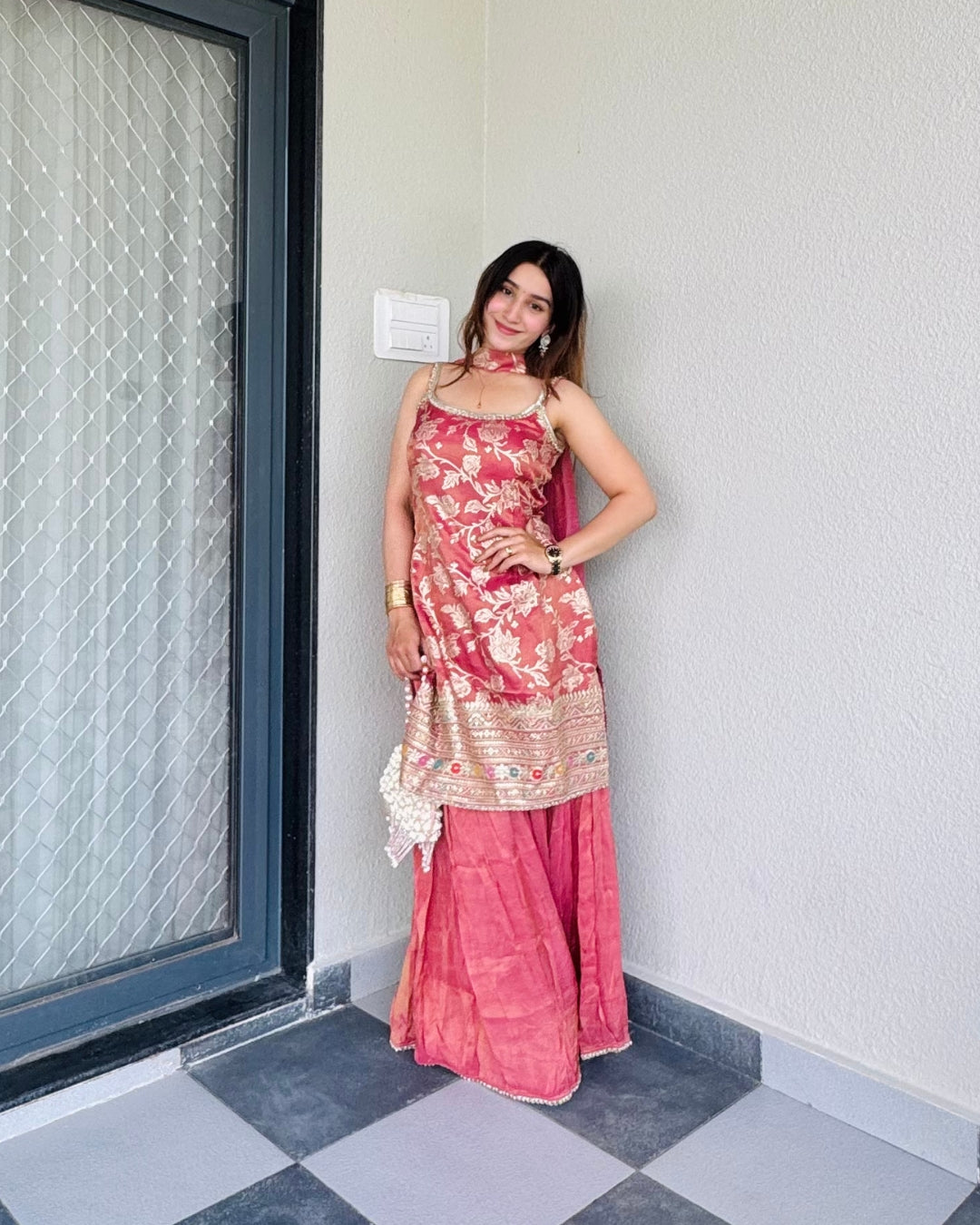 The Rose Gold Jaquard Kurta & Sharara Set With Dupatta