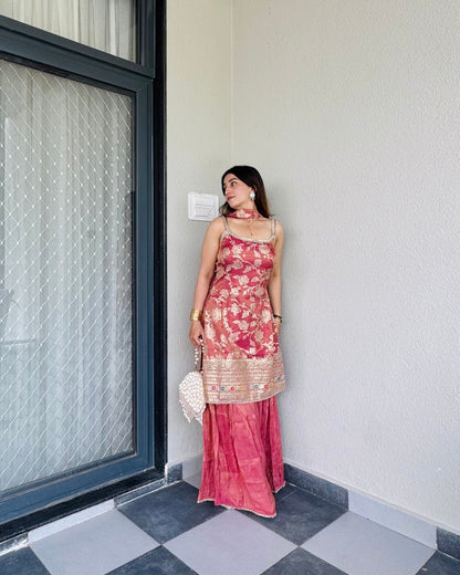 The Rose Gold Jaquard Kurta & Sharara Set With Dupatta