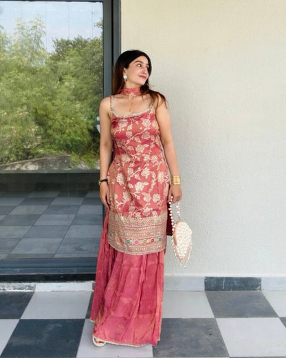 The Rose Gold Jaquard Kurta & Sharara Set With Dupatta