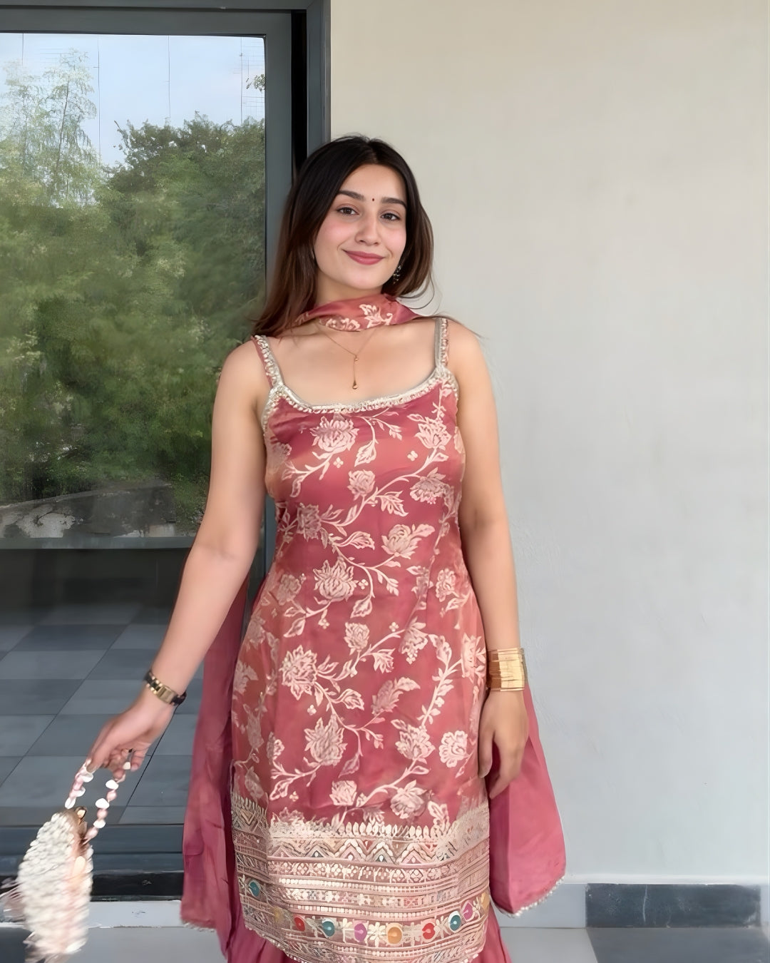 The Rose Gold Jaquard Kurta & Sharara Set With Dupatta