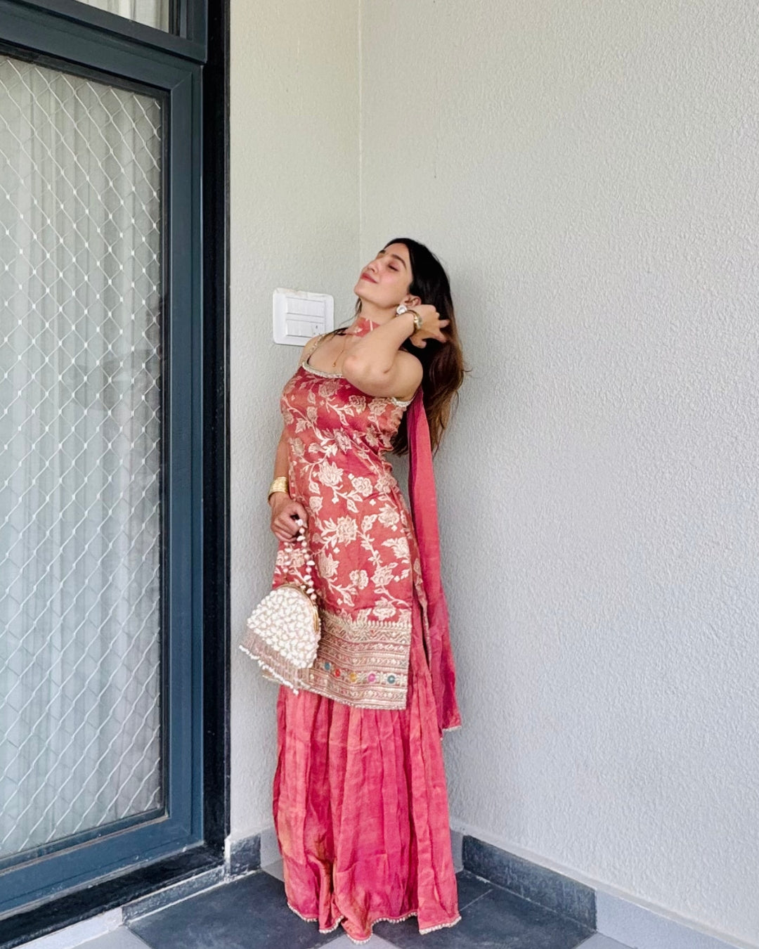 The Rose Gold Jaquard Kurta & Sharara Set With Dupatta