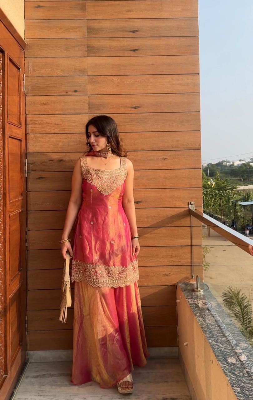 Deep Magenta Pink Zari Work Sharara Set (with attatched full sleeves)