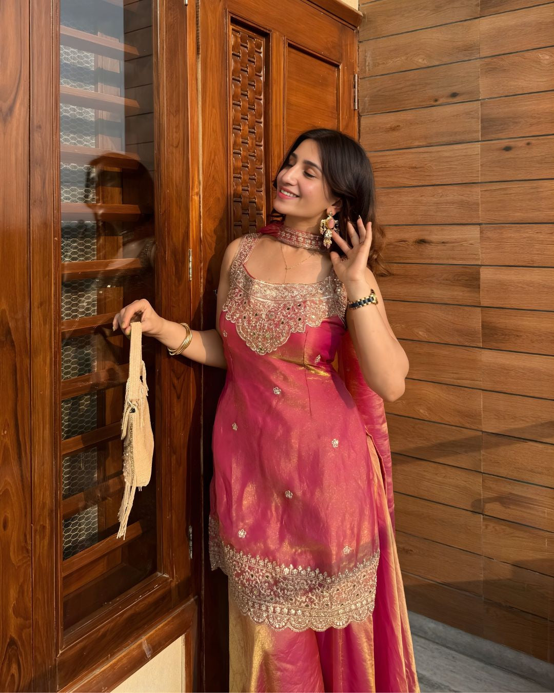 Deep Magenta Pink Zari Work Sharara Set (with attatched full sleeves)