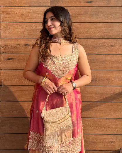 Deep Magenta Pink Zari Work Sharara Set (with attatched full sleeves)