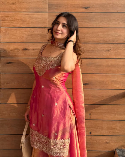 Deep Magenta Pink Zari Work Sharara Set (with attatched full sleeves)