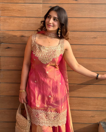 Deep Magenta Pink Zari Work Sharara Set (with attatched full sleeves)