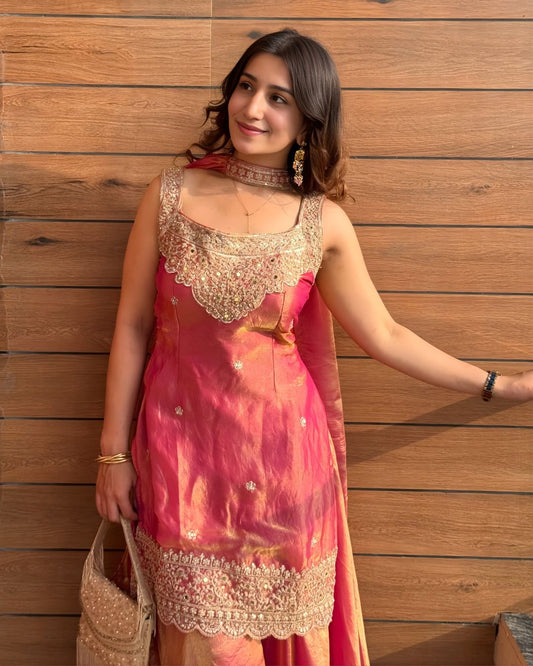 Deep Magenta Pink Zari Work Sharara Set (with attatched full sleeves)