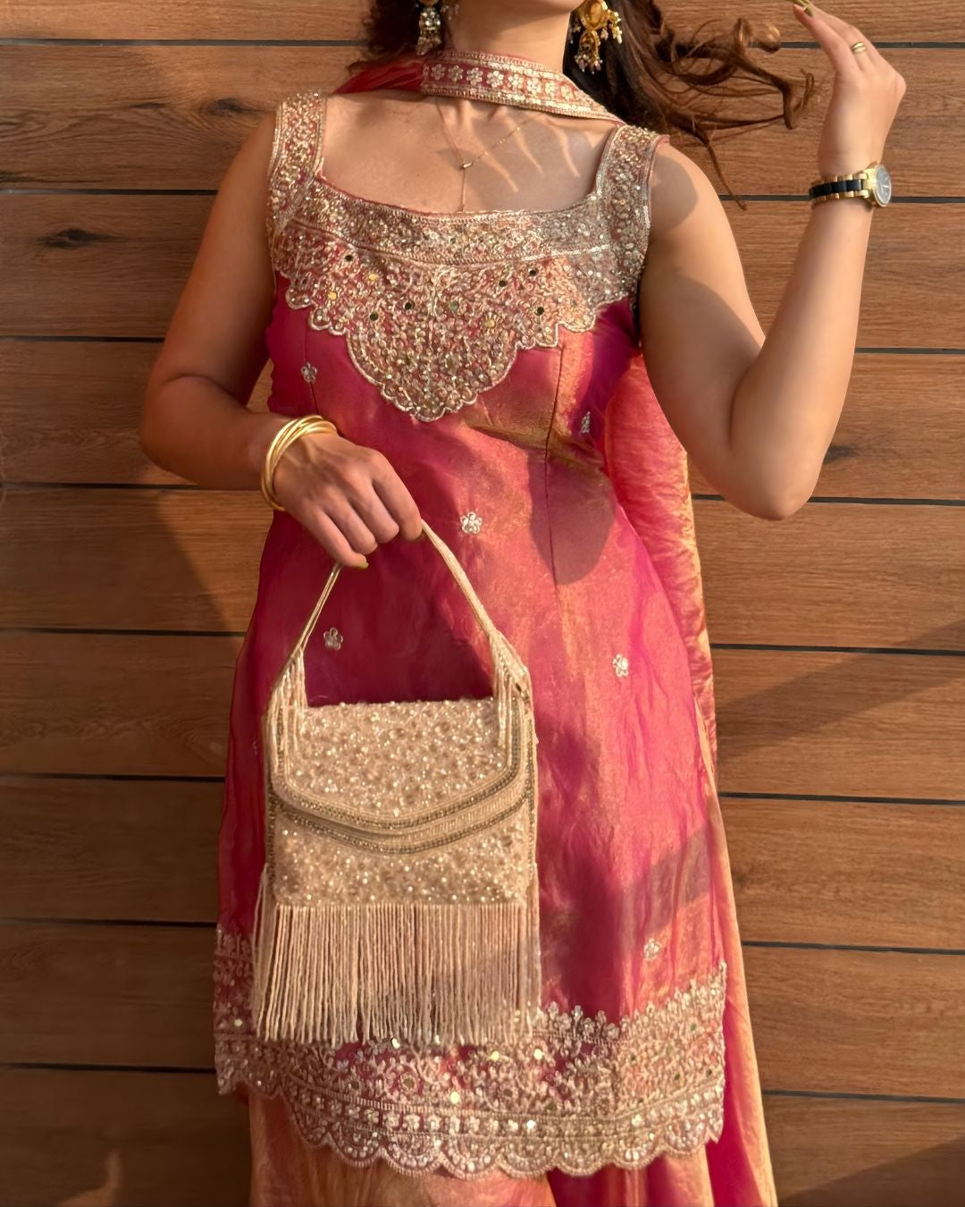 Deep Magenta Pink Zari Work Sharara Set (with attatched full sleeves)