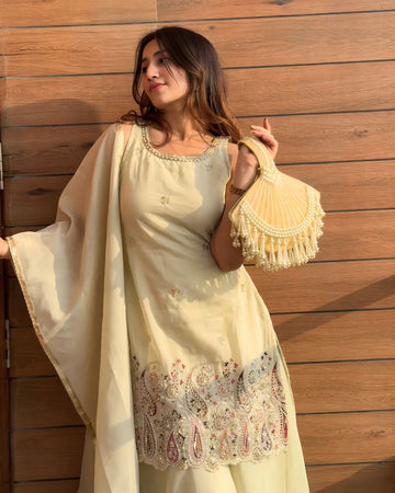 Cream Beaded Sharara Set