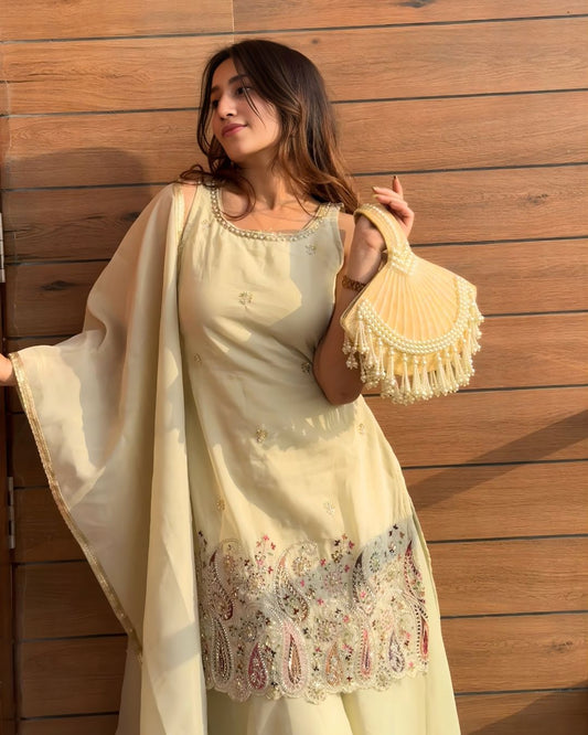 Light Cream Silk Blend Sharara Set With Beads Work