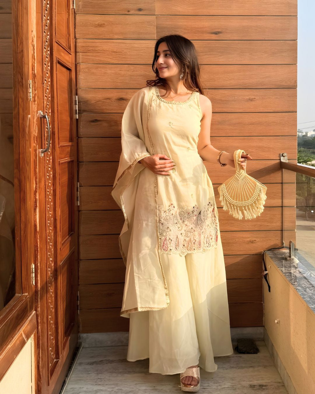 Cream Beaded Sharara Set