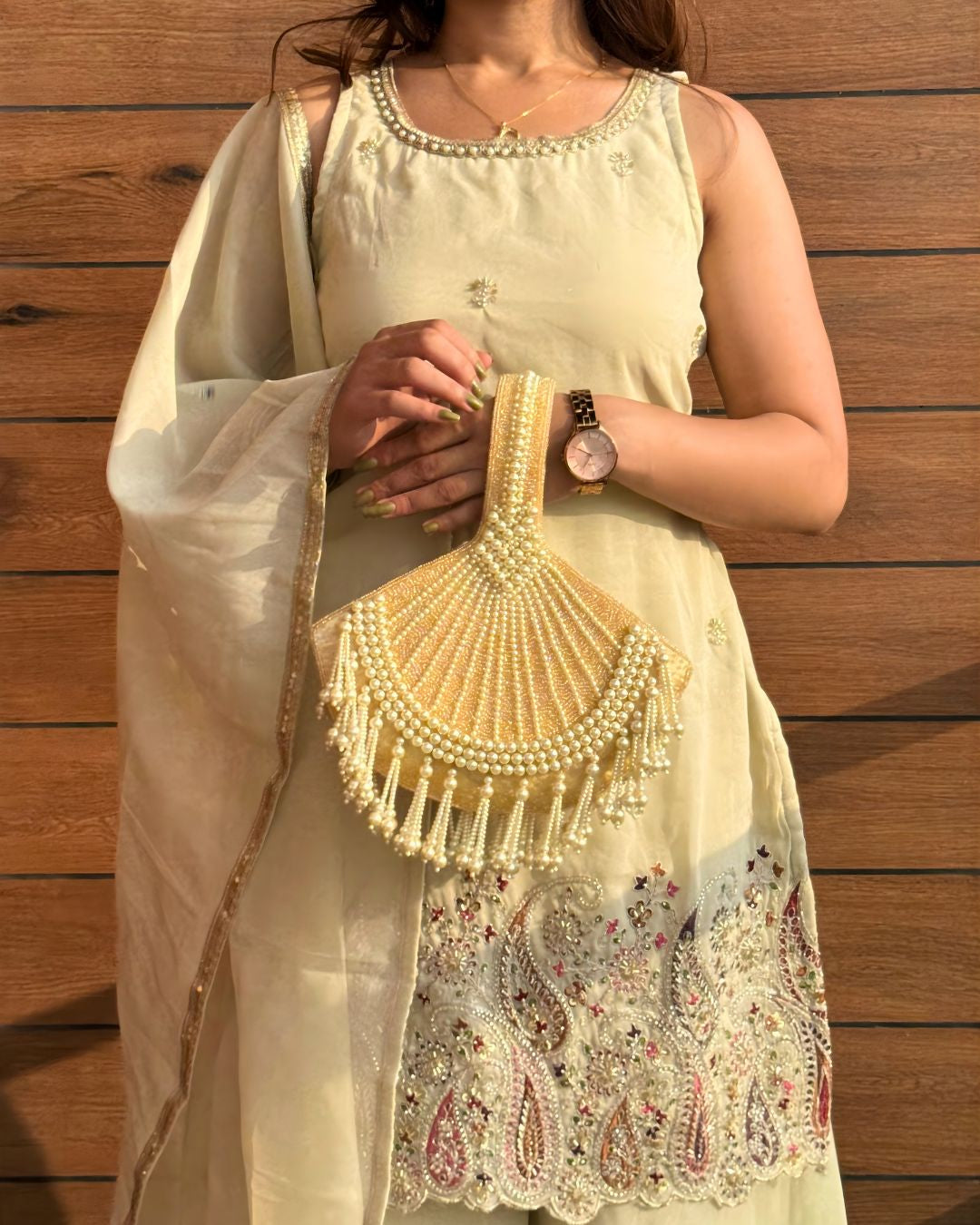 Cream Beaded Sharara Set