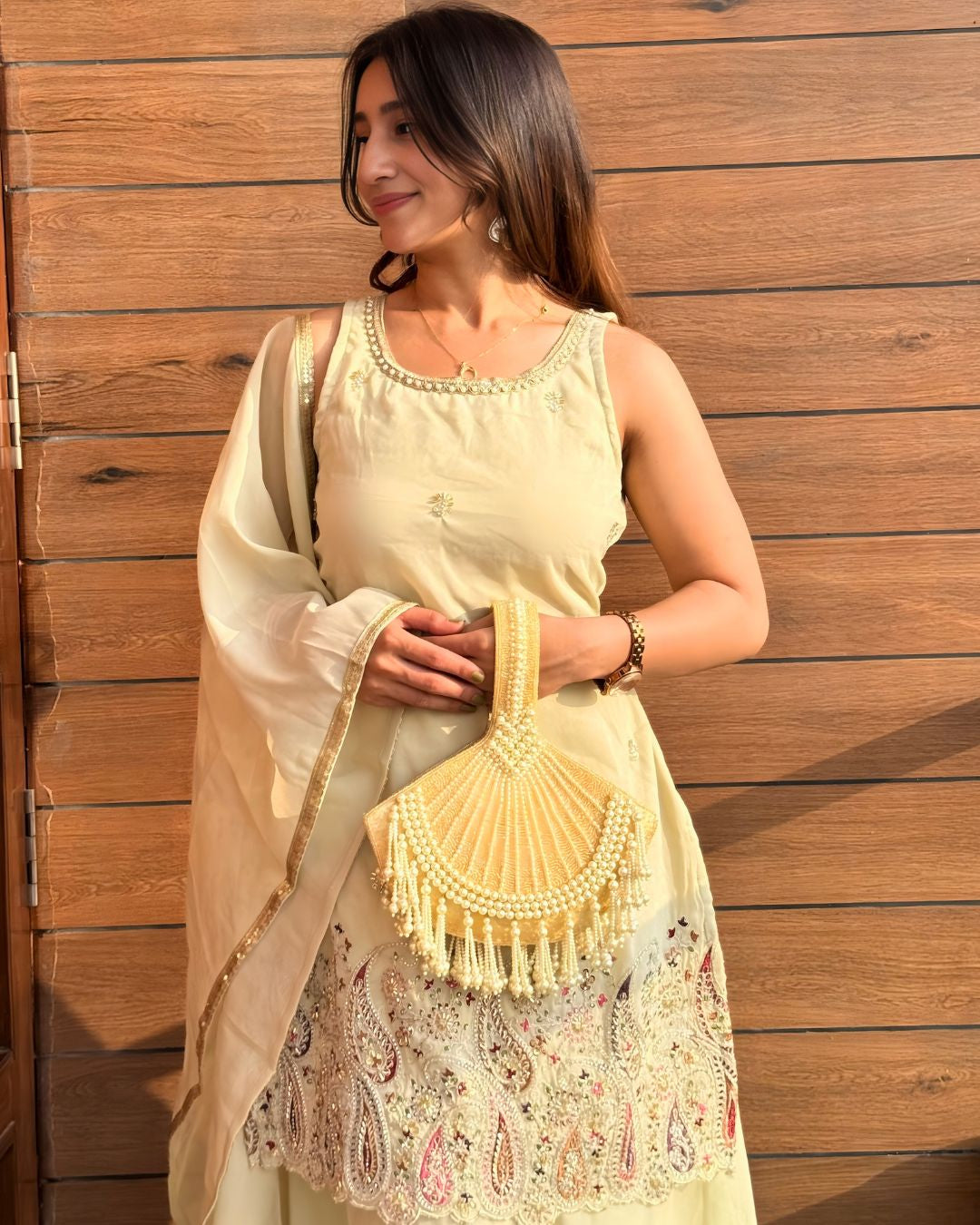 Cream Beaded Sharara Set