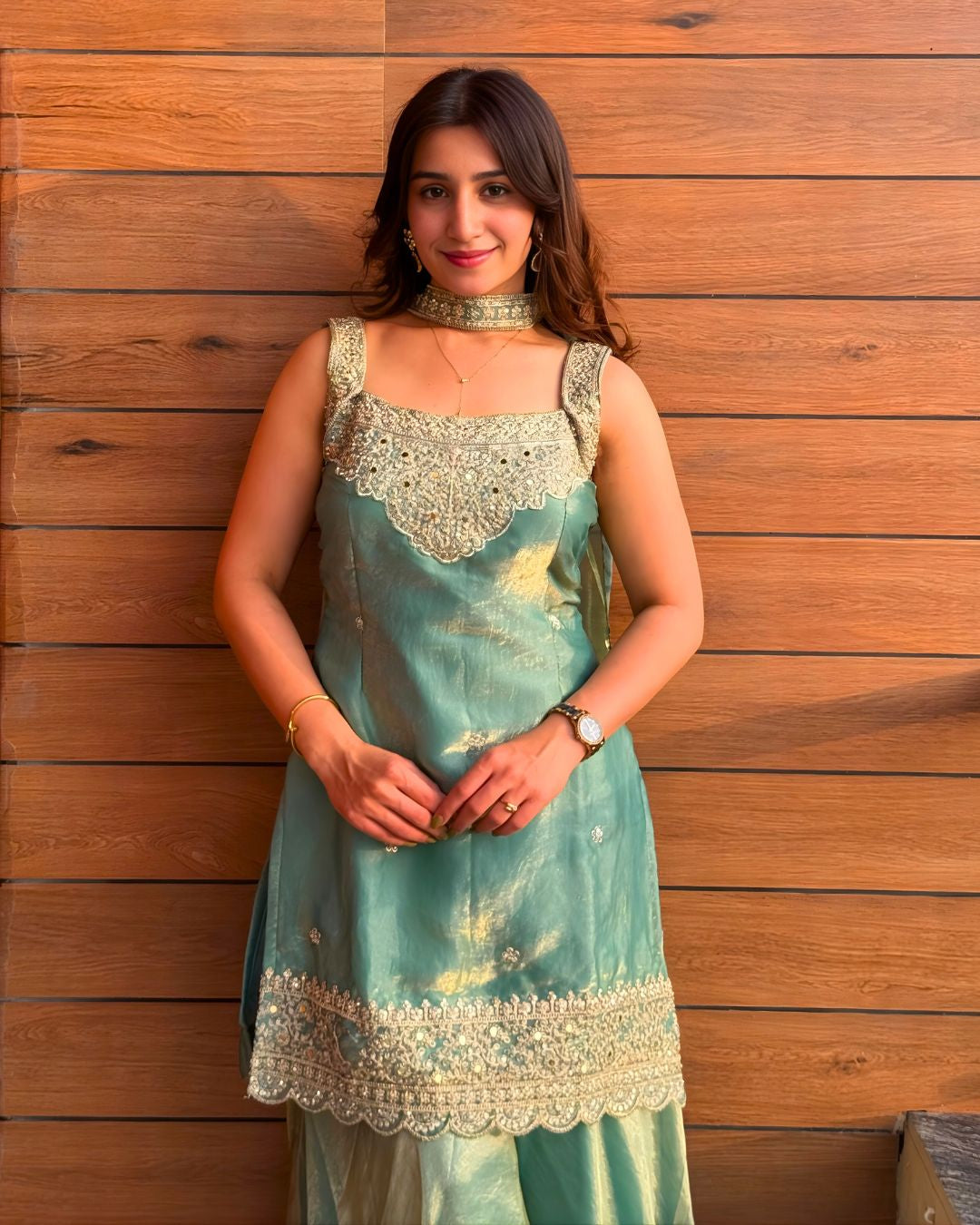 Mint Green Shimmer Sharara Set with Gold Mirror Work (with attatched full sleeves)