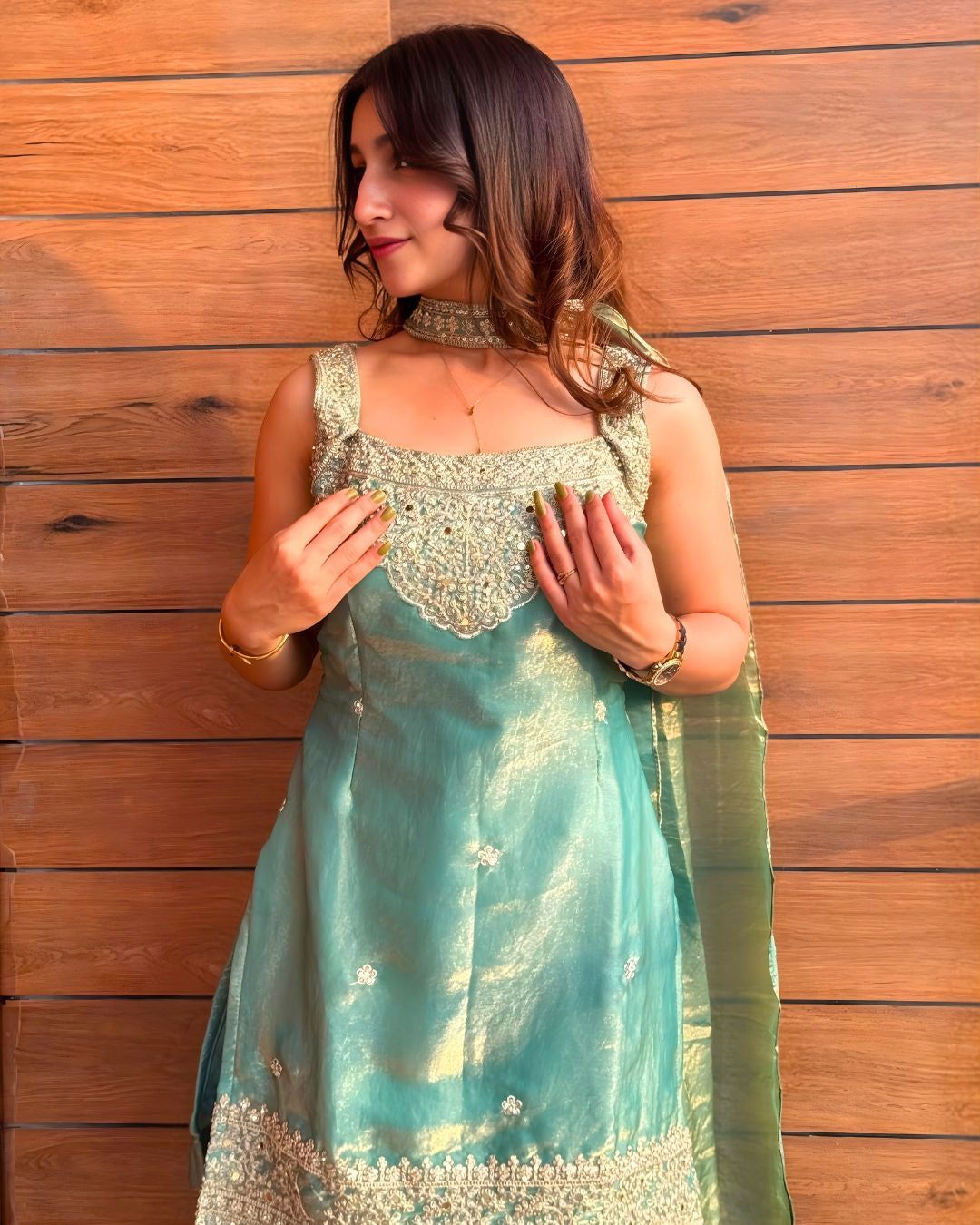 Mint Green Shimmer Sharara Set with Gold Mirror Work (with attatched full sleeves)