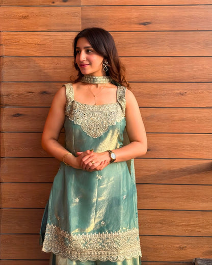 Mint Green Shimmer Sharara Set with Gold Mirror Work (with attatched full sleeves)