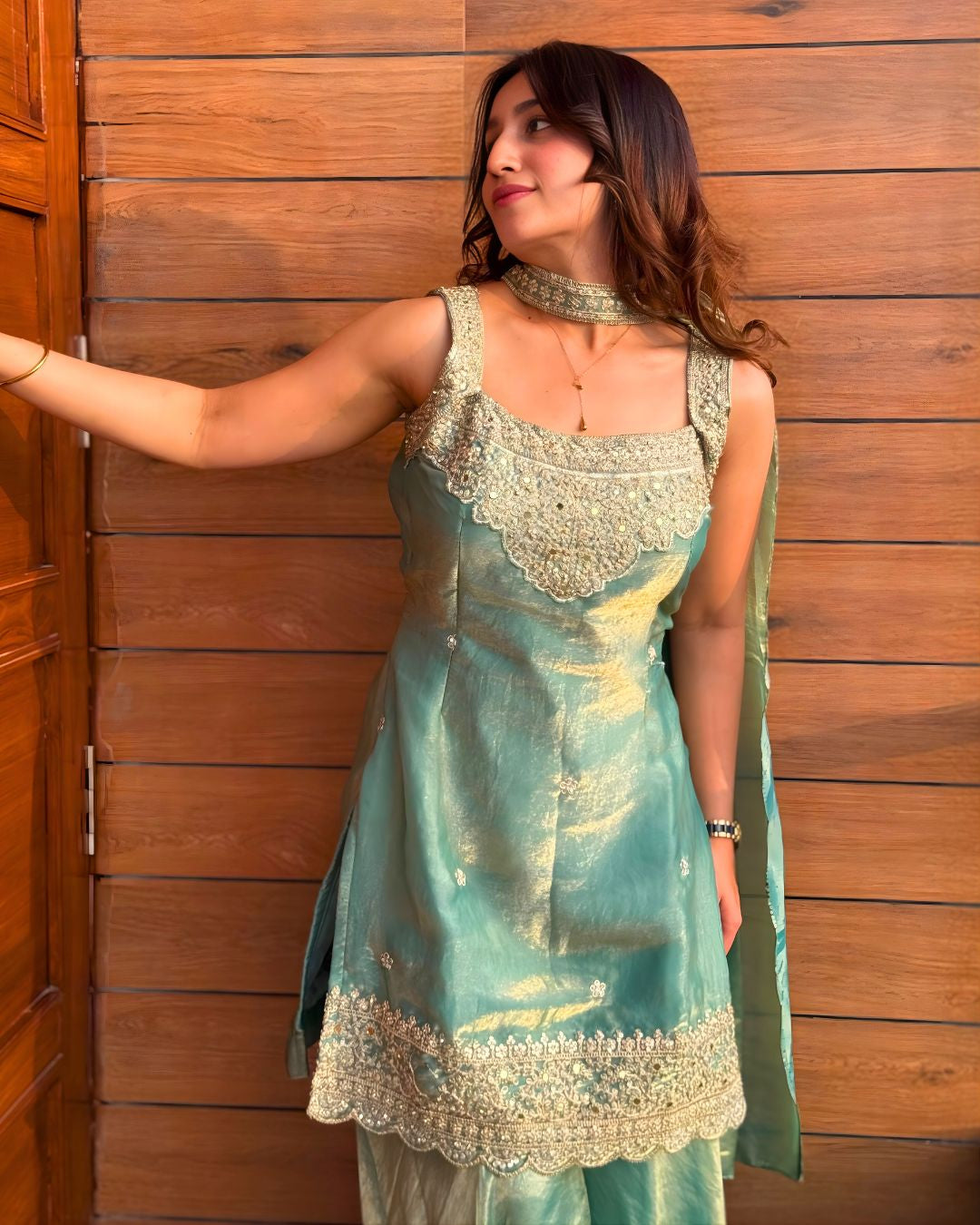 Mint Green Shimmer Sharara Set with Gold Mirror Work (with attatched full sleeves)