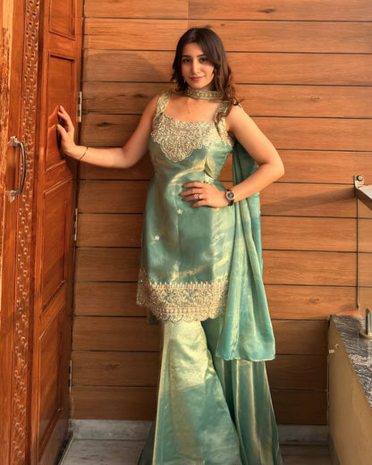 Mint Green Shimmer Sharara Set with Gold Mirror Work (with attatched full sleeves)