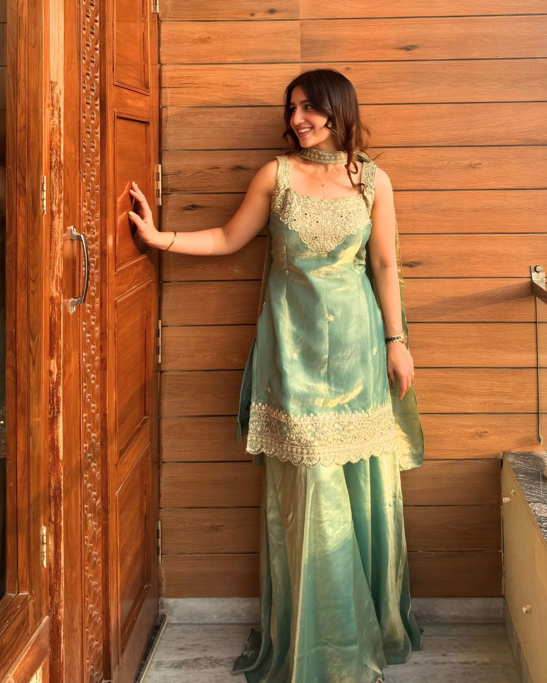 Mint Green Shimmer Sharara Set with Gold Mirror Work (with attatched full sleeves)