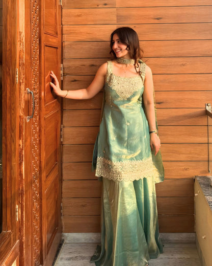 Mint Green Shimmer Sharara Set with Gold Mirror Work (with attatched full sleeves)