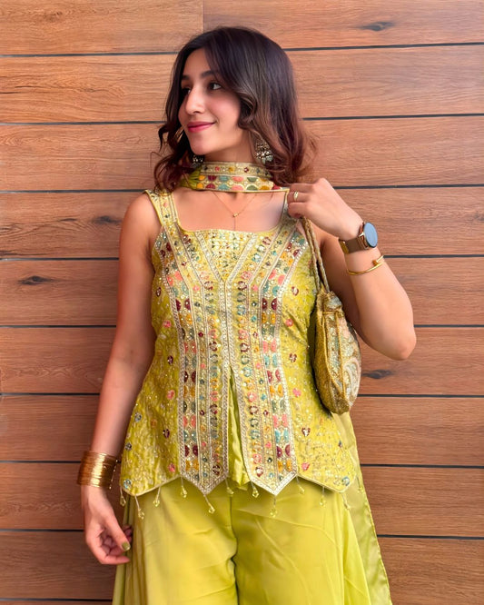 Lime Yellow Peplum Kurti & Sharara Set