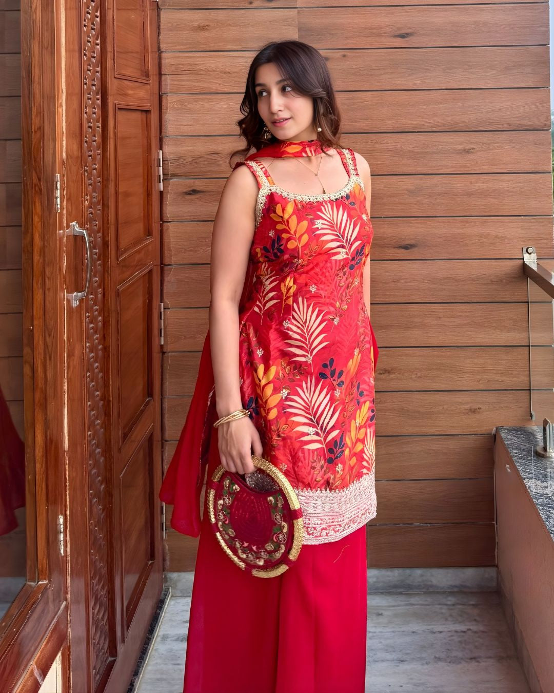 Vibrant Red Botanical Printed Kurta - Sharara Set