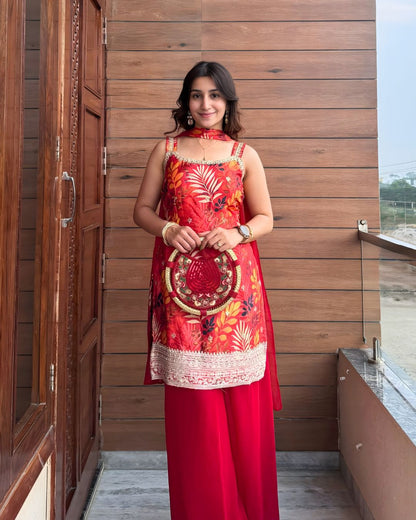 Vibrant Red Botanical Printed Kurta - Sharara Set