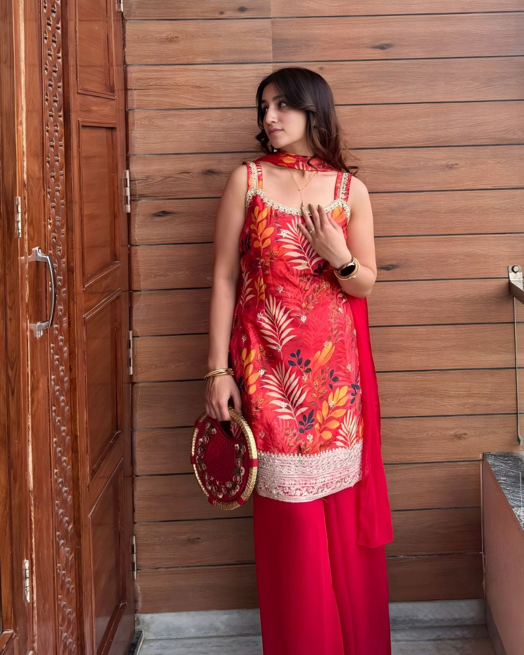 Vibrant Red Botanical Printed Kurta - Sharara Set