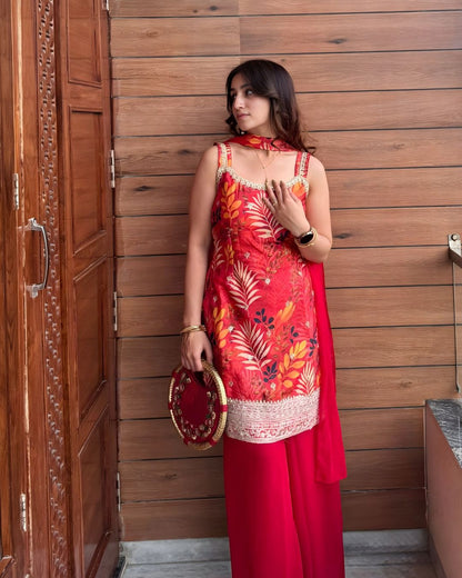 Vibrant Red Botanical Printed Kurta - Sharara Set