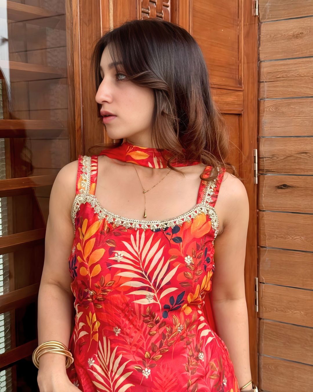 Vibrant Red Botanical Printed Kurta - Sharara Set