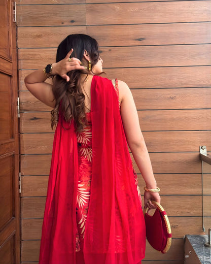Vibrant Red Botanical Printed Kurta - Sharara Set
