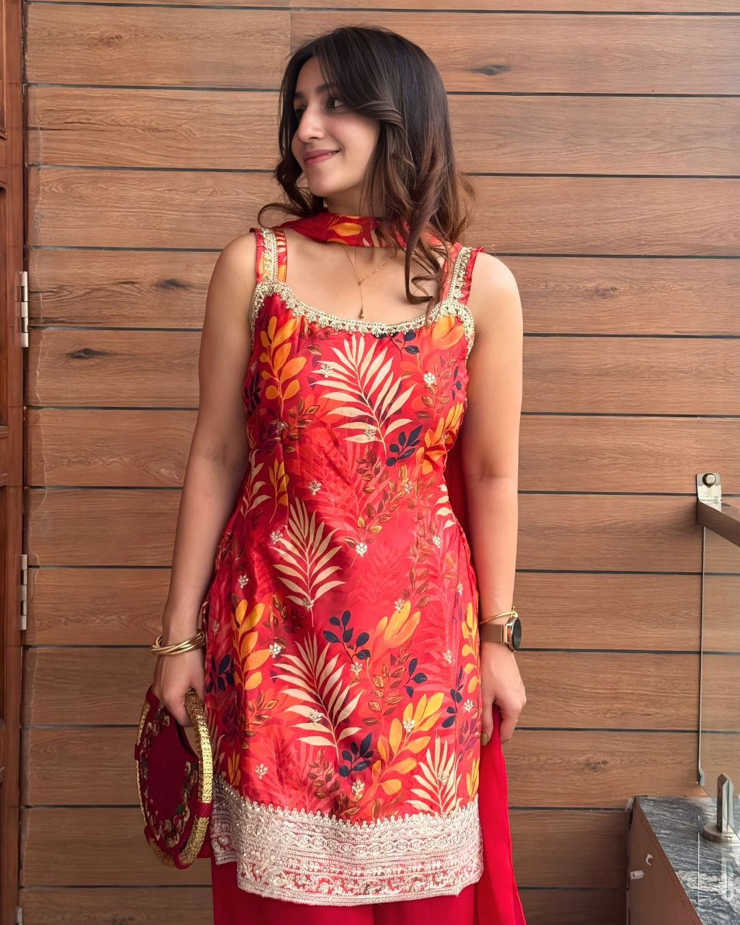 Vibrant Red Botanical Printed Kurta - Sharara Set