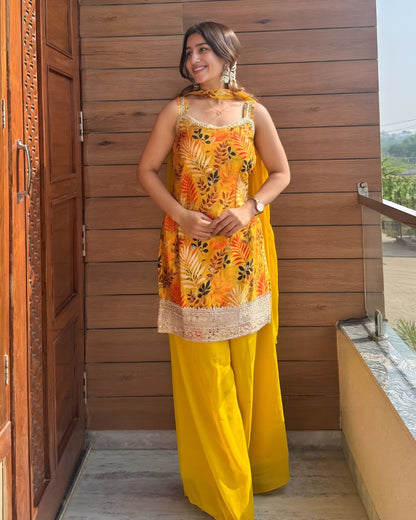 Vibrant Yellow Botanical Print Sharara Set