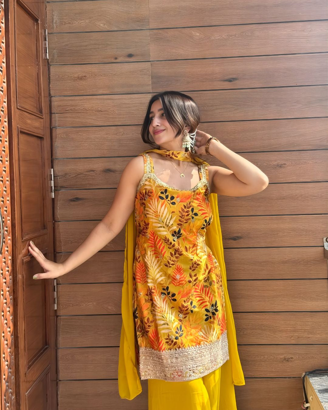 Vibrant Yellow Botanical Print Sharara Set