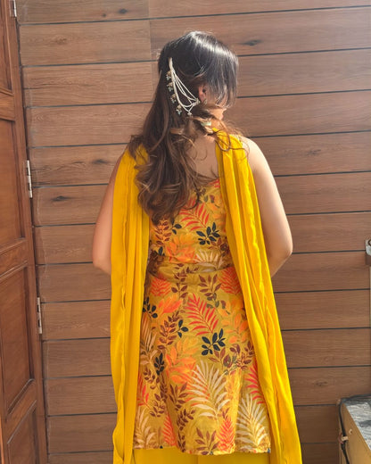 Vibrant Yellow Botanical Print Sharara Set