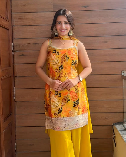Vibrant Yellow Botanical Print Sharara Set
