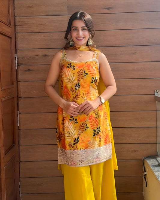 Vibrant Yellow Botanical Print Sharara Set