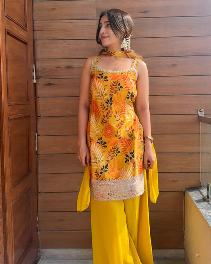 Vibrant Yellow Botanical Print Sharara Set