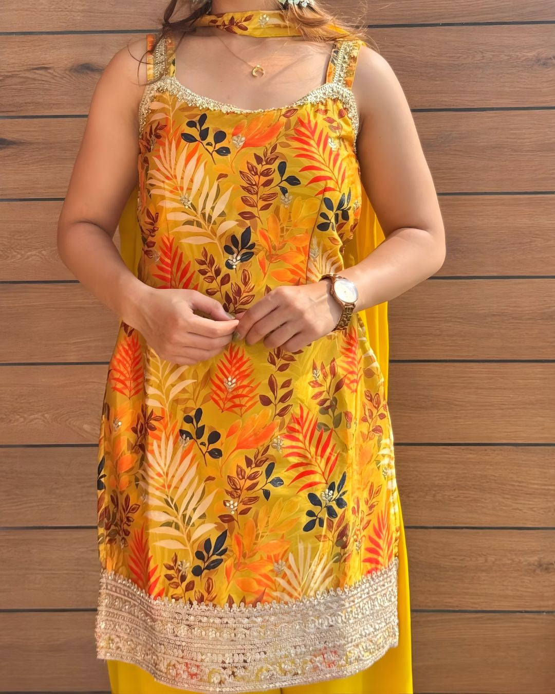 Vibrant Yellow Botanical Print Sharara Set
