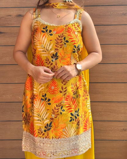 Vibrant Yellow Botanical Print Sharara Set