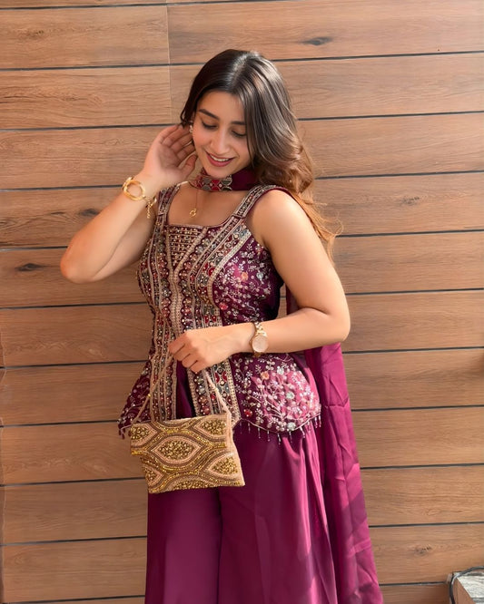 Deep Maroon Heavy Embroidered Peplum Kurti & Sharara Set