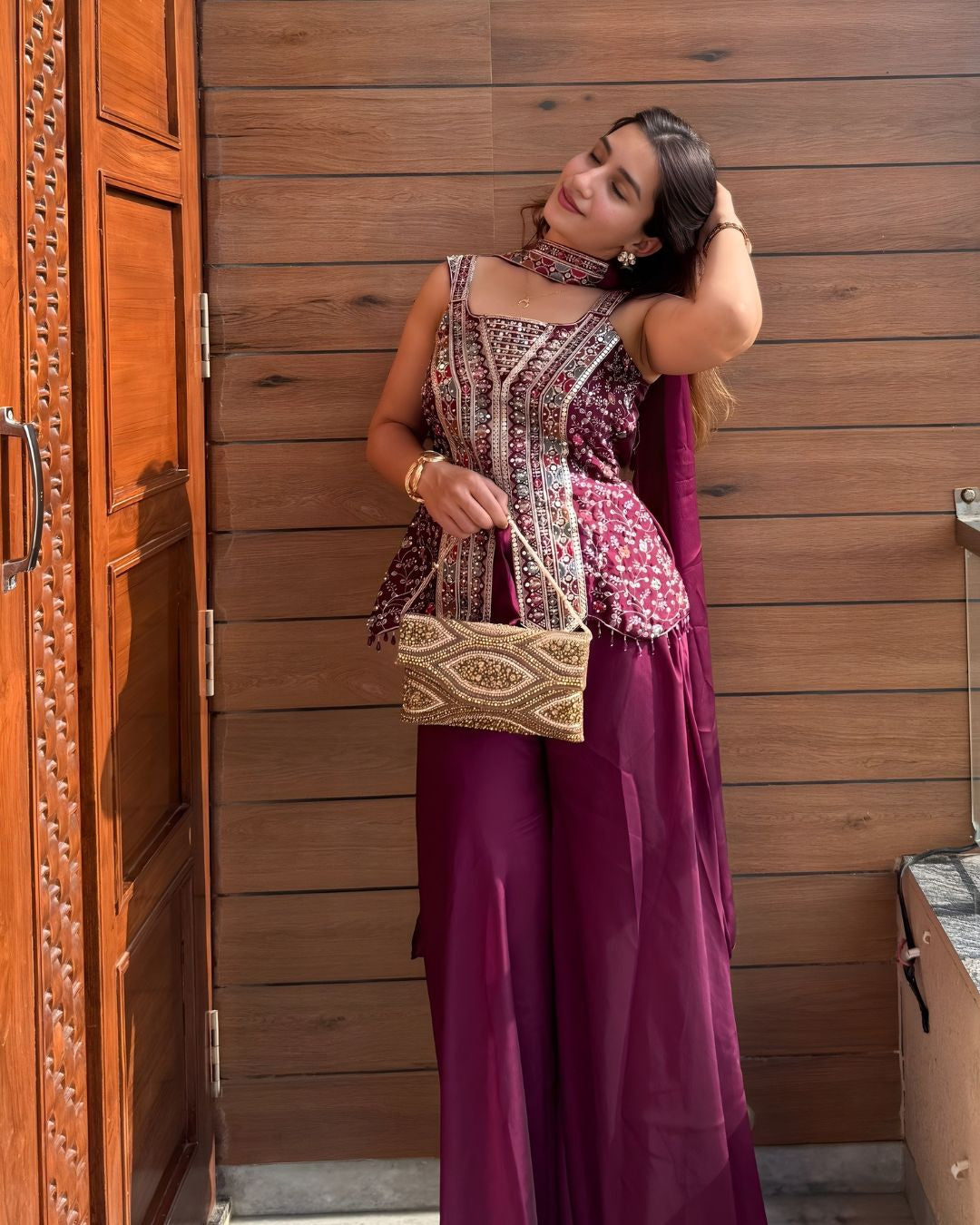 Maroon Peplum Sharara Set