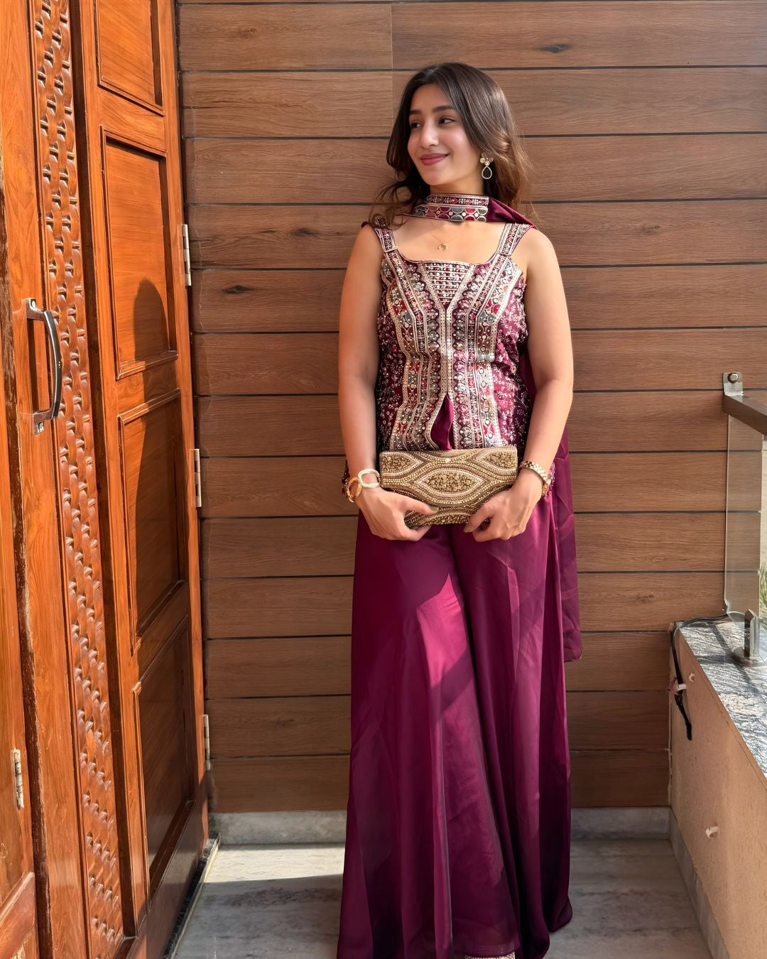 Maroon Peplum Sharara Set